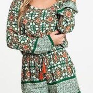 button front long sleeve boho romper